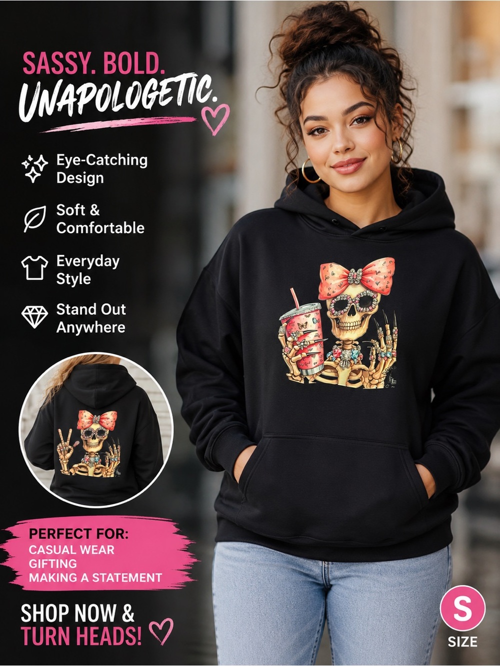 mine Black Hoodie with Colorful Skull & Bow Graphic